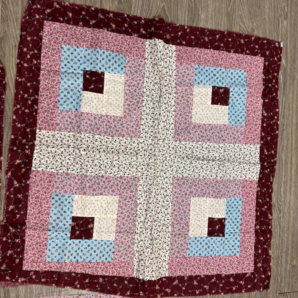 Vintage Handmade Set of 4 Pillow Square Fabric Cotton Panel Flowers Farmhouse